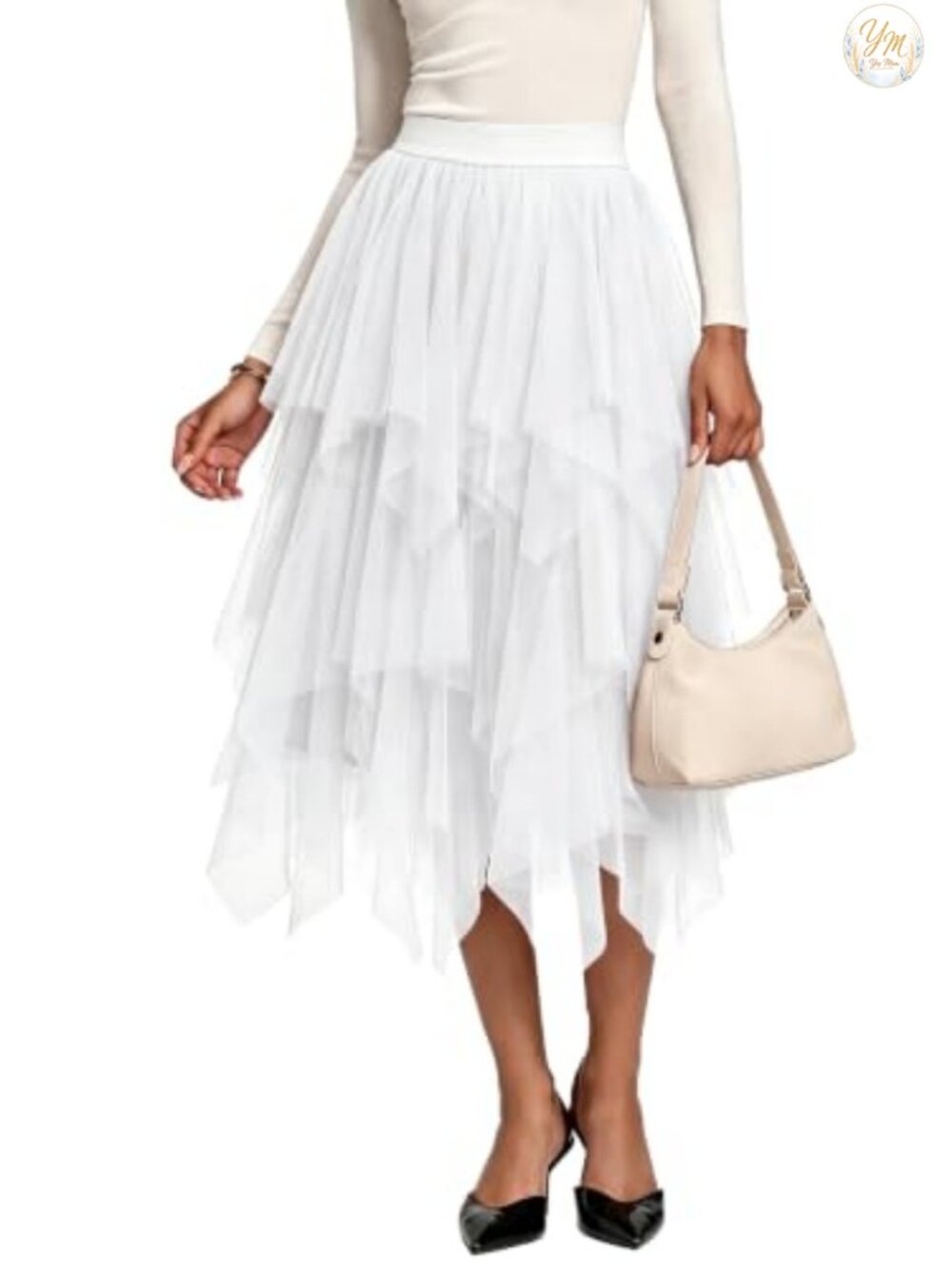 Women's A-Line Tulle Tutu Midi Skirt Fluffy Layered Mesh Elastic Waist